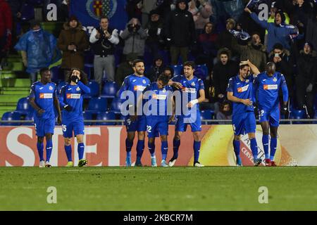 Die Spieler des FC Getafe feiern das Tor während der UEFA Europa League zwischen dem FC Getafe CF und dem FC Krasnodar im Coliseum Alfonso Perez in Madrid, Spanien. (Foto von A. Ware/NurPhoto) Stockfoto