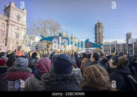 Die pazifistische italienische Basisbewegung "6000 Sardinen" demonstriert am 14. Dezember 2019 auf dem Parliament Square, in London und gleichzeitig in anderen europäischen Hauptstädten gegen den Aufstieg des Nationalismus und der extremen Rechten (Foto: Fabio Burrelli/NurPhoto) Stockfoto