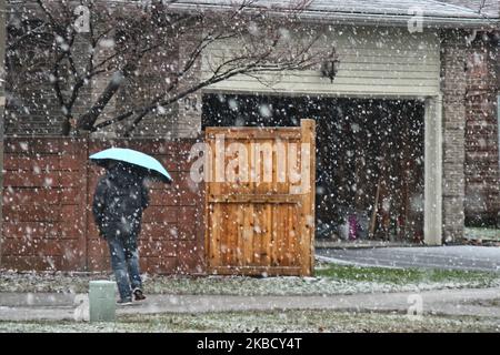 Der Mensch läuft mit einem Regenschirm, während am 14. Dezember 2019 nasser Schnee die Stadt Toronto, Ontario, Kanada, bedeckte. Der Sturm brachte Regen und nassen Schnee über den Großraum Toronto und ließ zwischen 3-5 cm Schnee auf dem Boden liegen. (Foto von Creative Touch Imaging Ltd./NurPhoto) Stockfoto