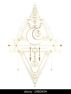 Vektorkarte mit goldenem esoterischem Symbol mit Halbmond, Stern, Sonne und geometrischen Verzierungen. Luxus-Bild mit Kontur Raum heilige Dekoration. Gliederung Stock Vektor