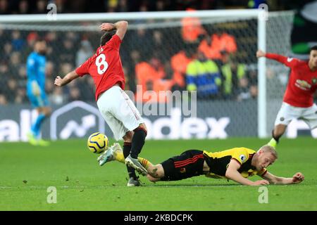 Watfords Tom verliert geschickt den Ball gegen Manchester Uniteds Juan Mata während des Premier League-Spiels zwischen Watford und Manchester United in Vicarage Road, Watford am Sonntag, 22.. Dezember 2019. (Foto von Leila Coker/MI News/NurPhoto) Stockfoto