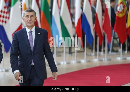 Andrej Babis Premierminister der Tschechischen Republik und Vorsitzender der politischen Partei ANO 2011, der auf dem roten Teppich ankam und ein Mediengespräch vor der Haustür hatte, Presseerklärung im Forum Europa Gebäude mit den europäischen Flaggen im Hintergrund, Auf dem Europäischen Rat - Euro-Gipfel - Treffen der europäischen Staats- und Regierungschefs in Belgien, Brüssel am 12. Dezember 2019 (Foto: Nicolas Economou/NurPhoto) Stockfoto