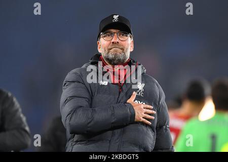 Liverpool-Manager, Jurgen Klopp, feiert den Sieg von 0-4 während des Premier League-Spiels zwischen Leicester City und Liverpool im King Power Stadium, Leicester am Donnerstag, den 26.. Dezember 2019. (Foto von Jon Hobley/MI News/NurPhoto) Stockfoto