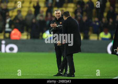 Watfords-Manager Nigel Pearson nach dem Premier League-Spiel zwischen Watford und Aston Villa in der Vicarage Road, Watford am Samstag, den 28.. Dezember 2019. (Foto von Leila Coker/MI News/NurPhoto) Stockfoto