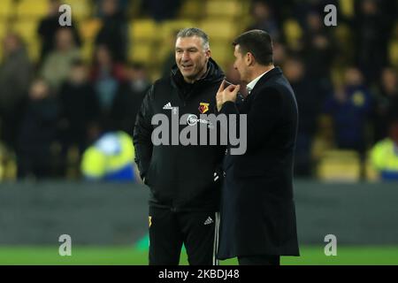 Watfords-Manager Nigel Pearson nach dem Premier League-Spiel zwischen Watford und Aston Villa in der Vicarage Road, Watford am Samstag, den 28.. Dezember 2019. (Foto von Leila Coker/MI News/NurPhoto) Stockfoto