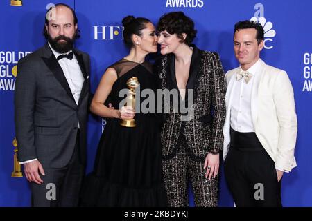 BEVERLY HILLS, LOS ANGELES, KALIFORNIEN, USA - 05. JANUAR: Brett Gelman, Sian Clifford, Phoebe Waller-Bridge und Andrew Scott posieren im Presseraum bei den jährlichen Golden Globe Awards 77., die am 5. Januar 2020 im Beverly Hilton Hotel in Beverly Hills, Los Angeles, Kalifornien, USA, abgehalten wurden. (Foto von Xavier Collin/Image Press Agency/NurPhoto) Stockfoto