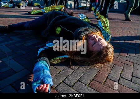 Einige XR-Aktivisten liegen während einer die-in-Aktion der XR-Gruppe in den Niederlanden, die am 6.. Januar 2020 im Zentrum von Rotterdam stattfand, auf dem Boden. (Foto von Romy Arroyo Fernandez/NurPhoto) Stockfoto