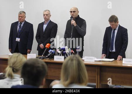 Yevgen Dykhne, Präsident von Ukraine International Airlines (UIA), spricht am 08. Januar 2020 während einer Pressekonferenz auf dem internationalen Flughafen Boryspil in der Nähe von Kiew, Ukraine. Die Boeing 737 der Ukraine International Airlines, die von Teheran nach Kiew geflogen war, stürzte kurz nach dem Start vom Hauptflughafen Teherans ab, so Medien. (Foto von STR/NurPhoto) Stockfoto