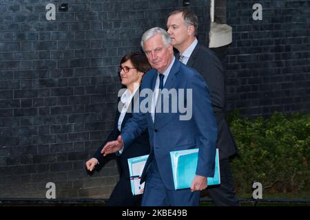 Michel Barnier, Leiter der Task Force der Europäischen Kommission für die Beziehungen zum Vereinigten Königreich, trifft vor dem Treffen mit Premierminister Boris Johnson am 08. Januar 2020 in London, England, in der Downing Street ein. Das Treffen soll Gespräche über das britische Handelsabkommen nach dem Brexit mit der EU im Vorfeld der offiziellen Verhandlungen eröffnen, die beginnen werden, sobald die 11-monatige Übergangsperiode im Februar beginnt. (Foto von Wiktor Szymanowicz/NurPhoto) Stockfoto