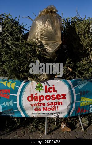 Saint-Ouen, Frankreich, 6. Januar 2020. Einer der Sammelpunkte für Weihnachtsbäume in der Stadt Saint-Ouen. Die gesammelten Bäume werden zu Kompost. Saint-Ouen, Frankreich, den 6. Januar 2020. Und die Punkte, die von den Sapins de noel de la ville de Saint-Ouen gesammelt wurden. Les arbres collectes sont transformes en compost. (Foto von Emeric Fohlen/NurPhoto) (Foto von Emeric Fohlen/NurPhoto) Stockfoto