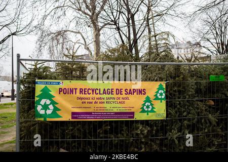 Paris, Frankreich, 7. Januar 2020. Ein Weihnachtsbaum Sammelpunkt im 4. Arrondissement. Die Operation „Recycle Our Christmas Trees“ ermöglicht es den Pariser, ihre Weihnachtsbäume nach den Feiertagen an den Sammelstellen der Stadt Paris in Parks und Gärten abzulegen. Paris, Frankreich, den 7. Januar 2020. UN Point de collecte de sapin de noel dans le 4eme Arrondissement. L’Operation 'Recyclons nos sapins' permet aux Parisiens de depositer leur sapin apres les fetes dans les Points de collecte prevus par la Ville de Paris dans les parcs et les jardins. (Foto von Emeric Fohlen/NurPhoto) Stockfoto