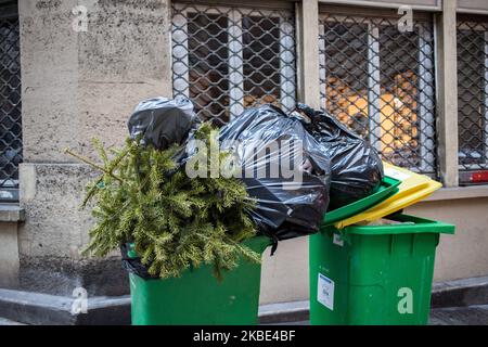 Paris, Frankreich, 7. Januar 2020. Im 4.. Arrondissement wird ein Weihnachtsbaum in einen Mülleimer gelegt. Viele Weihnachtsbäume werden nach Weihnachten in den Straßen verlassen. Paris, Frankreich, den 7. Januar 2020. UN sapin de noel depose dans une poubelle du 4eme Arrondissement. De nombreux sapin verlässt nicht das dans les rues après noel. (Foto von Emeric Fohlen/NurPhoto) (Foto von Emeric Fohlen/NurPhoto) Stockfoto