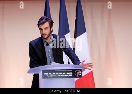 Andréa Kotarac, Kandidat der Nationalmannschaft für die Rassektion (RN) bei den bevorstehenden Bürgermeisterwahlen in Lyon (Rhône), spricht am 12. Januar 2020 in Paris während einer Sitzung zur Einleitung der Kandidaten für den RN-Wahlkampf für die nächsten Kommunalwahlen. Die französischen Kommunalwahlen 2020 werden am 15. Und 22. März 2020 stattfinden, um die Gemeinderäte der rund 35.000 französischen Gemeinden zu erneuern. (Foto von Michel Stoupak/NurPhoto) Stockfoto