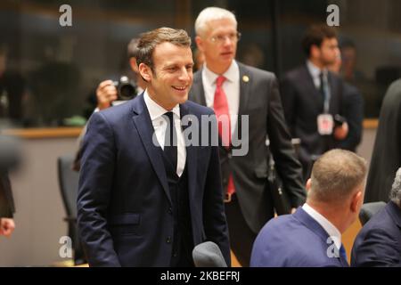 Emmanuel Macron. Der französische Präsident im Europäischen Rat. Emmanuel Jean-Michel Frédéric Macron, der französische Präsident, kam und sprach mit den Staats- und Regierungschefs der EU, den Präsidenten und dem Premierminister, am Roundtable am zweiten Tag des Europäischen Rates - Euro-Gipfels - EU-Staats- und Regierungschefs treffen sich am 13. Dezember 2019 am EU-Hauptquartier in Brüssel, Belgien (Foto von Nicolas Economou/NurPhoto) Stockfoto