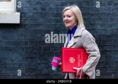 Die Ministerin für Frauen und Qualitäten Liz Truss, Staatssekretärin für internationalen Handel und Präsidentin des Handelsausschusses, kommt in der Downing Street im Zentrum von London an, um an einer Kabinettssitzung am 14. Januar 2020 in London, England, teilzunehmen. (Foto von Wiktor Szymanowicz/NurPhoto) Stockfoto