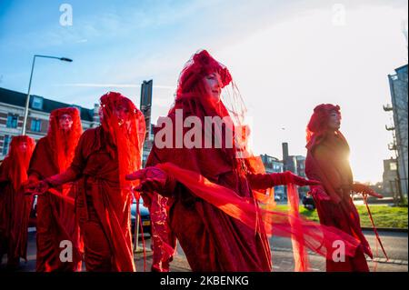 Die Rote Rebellenbrigade trifft während der zweiten Solidaritätsdemonstration der Extinction Rebellion mit Australien am 16.. Januar 2020 in Den Haag in die australische Botschaft ein. (Foto von Romy Arroyo Fernandez/NurPhoto) Stockfoto