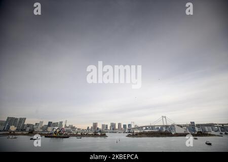 Am 17. Januar 2020 werden im Hafengebiet des Odaiba Marine Park in Minato ward, Tokio, riesige Olympische Ringe installiert. Japan. Das riesige Symbol ist 32,6 Meter breit und 15,3 Meter lang, die Olympischen Sommerspiele 2020 sollen vom 24. Juli bis zum 9. August 2020 stattfinden. (Foto von Alessandro Di Ciommo/NurPhoto) Stockfoto