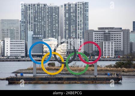 Am 17. Januar 2020 werden im Hafengebiet des Odaiba Marine Park in Minato ward, Tokio, riesige Olympische Ringe installiert. Japan. Das riesige Symbol ist 32,6 Meter breit und 15,3 Meter lang, die Olympischen Sommerspiele 2020 sollen vom 24. Juli bis zum 9. August 2020 stattfinden. (Foto von Alessandro Di Ciommo/NurPhoto) Stockfoto
