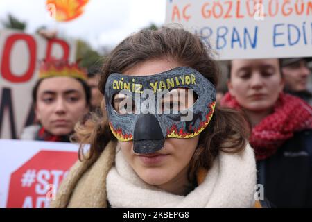 Studenten versammelten sich am 17. Januar 2020 vor dem australischen Konsulat in Istanbul zu einem Protest gegen die jüngsten Brände in Australien und die Klimakrise. Die Demonstration wurde von Fridays for Future Turkey organisiert und von den Ökologen Extinction Rebellion Turkey, Zero Future Campaign, HAYDI, Istanbul Vegan Initiative und Eco Student unterstützt. (Foto von Erhan Demirtas/NurPhoto) Stockfoto