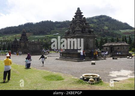 Touristen sind am 12. Januar 2020 im Arjuna-Tempelkomplex, einem Hindu-Tempelgebäude im Dieng-Plateau, Banjarnegara Regency, Zentral-Java, zu finden. (Foto von Adriana Adie/NurPhoto) Stockfoto