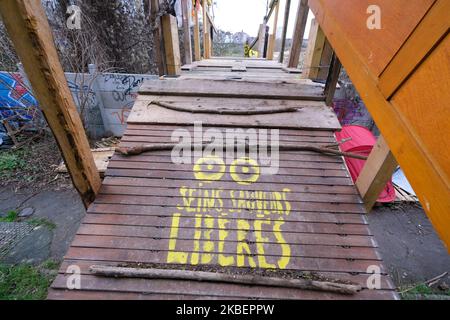 Verbände greifen das Projekt der Umwandlung des alten Güterbahnhofs an, das vom Bürgermeister der Stadt Martine Aubry durchgeführt wurde, und prangern seine Urbanisierungspolitik an, einige Mitglieder dieser Verbände haben am 17. Januar 2020 als Zeichen des Protests in Lille, Frankreich, Holzskulpturen gepflanzt. (Foto von Thierry Thorel/NurPhoto) Stockfoto