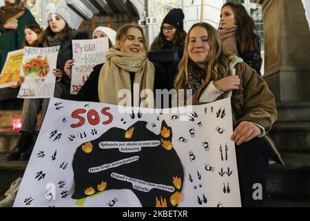 Unterstützung für die australische Kundgebung Teilnehmer werden am 18. Januar 2020 in Danzig, Polen, zu sehen sein Junge Aussterbungsrebellion und Jugendklimarahienaktivisten protestierten im Stadtzentrum von Danzig, um Menschen und die Natur in Australien in Brand zu unterstützen. Sie riefen zu Maßnahmen zum Schutz der Umwelt und zur Beendigung des Kohlebergbaus auf. (Foto von Michal Fludra/NurPhoto) Stockfoto