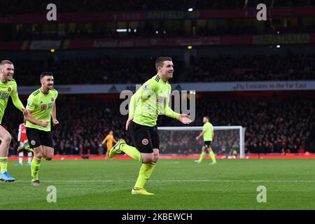 John Fleck von Sheffield United feiert das erste Tor seiner Seite beim Premier League-Spiel zwischen Arsenal FC und Sheffield United im Emirates Stadium am 18. Januar 2020 in London, Großbritannien. (Foto von MI News/NurPhoto) Stockfoto