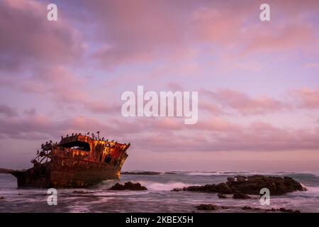 Ein Blick in die Dämmerung des Wracks der Meisho Maru Nr. 38, die Wellen und das Meer verschwimmen durch eine lange Belichtung, an der Küste von Cape Agulhas in der Nähe von L'Agulhas in Stockfoto