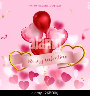 Herzballons-Vektorkonzept-Design. Sei mein valentinstag-Text in Band-Lasso mit Ballonband und Papierherzen-Elementen zum valentinstag. Stock Vektor