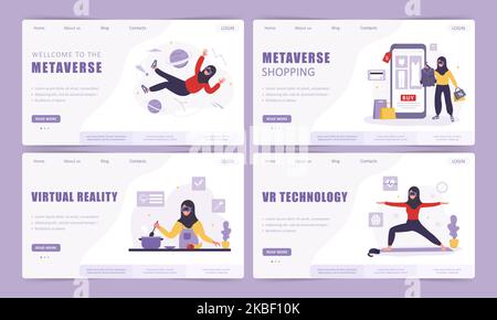 Metaverse Landing-Page-Vorlagensammlung. Islamische Frauen tragen VR-Brillen. Erweiterung der Realität oder des Cyberspace-Konzepts. Moderne Technik für Unterhaltung Stock Vektor