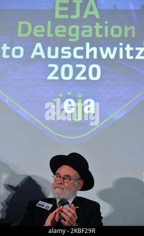 Oberrabbiner Binyomin Jacobs aus den niederlanden beim Eröffnungstag der zweitägigen Veranstaltung und Konferenz „Delegation to Auschwitz“ in Krakau-Auschwitz. Am Eröffnungstag sprachen Mitglieder der EJA und eingeladene EU-Parlamentarier die Notwendigkeit der Holocaust-Aufklärung in Europa als oberste Priorität an. Am 20. Januar 2020 in Krakau, Polen. (Foto von Artur Widak/NurPhoto) Stockfoto