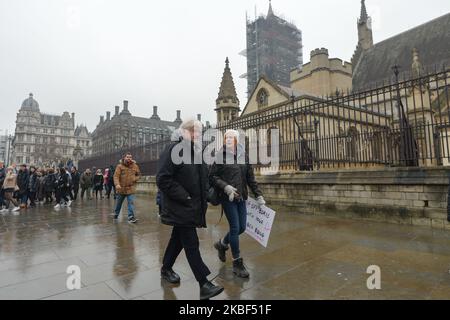 Stanley Johnson, der Vater des britischen Premierministers Boris Johnson, wurde am 22. Januar von einem Anti-Brexit-Aktivisten vor dem Londoner Palast von Westminster angesprochen. Eine Gruppe von Befürwortern gegen den Brexit drängte die britische Regierung vor dem Eingang zum Parlament in Westminster, den Bericht des Geheimdienst- und Sicherheitsausschusses zu veröffentlichen, der russische Infiltration in die britische Politik untersucht. Am Mittwoch, den 22. Januar 2019, in London, Großbritannien. (Foto von Artur Widak/NurPhoto) Stockfoto