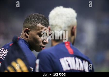 Kylian Mbape und Neymar Junior während des Halbfinalspiels des französischen Ligapokals zwischen Stade de Reims und Paris Saint-Germain im Auguste-Delaune-Stadion in Reims am 22. Januar 2020. (Foto von Elyxandro Cegarra/NurPhoto) Stockfoto