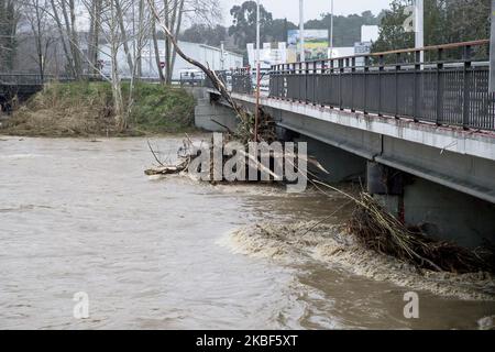 Affektionen und Überschwemmungen durch den Sturm Gloria mit dem Überlauf der Flüsse Tordera, Onyar und Ter im Gebiet von Hostalric, Barcelona, Katalonien, Spanien am 22. Januar 2020 (Foto: Miquel Llop/NurPhoto) Stockfoto