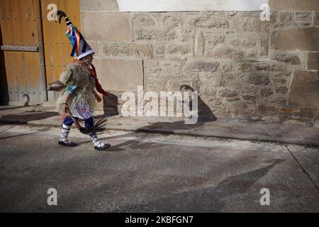 Die Joaldunak (typische Charaktere des Ituren-Karnevals) durchstreifen am 26. Januar 2020 die Dorfstraßen des Ituren, Spanien. Während der Paraden erscheinen andere verkleidete Charaktere. (Foto von Iranzu Larrasoana Oneca/NurPhoto) Stockfoto