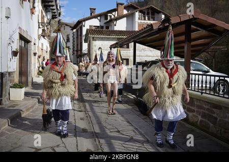 Die Joaldunak (typische Charaktere des Ituren-Karnevals) durchstreifen am 26. Januar 2020 die Dorfstraßen des Ituren, Spanien. Während der Paraden erscheinen andere verkleidete Charaktere. (Foto von Iranzu Larrasoana Oneca/NurPhoto) Stockfoto