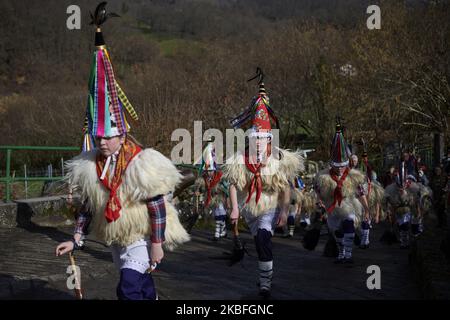 Die Joaldunak (typische Charaktere des Ituren-Karnevals) durchstreifen am 26. Januar 2020 die Dorfstraßen des Ituren, Spanien. Während der Paraden erscheinen andere verkleidete Charaktere. (Foto von Iranzu Larrasoana Oneca/NurPhoto) Stockfoto