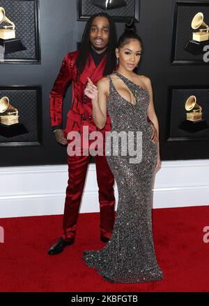 LOS ANGELES, KALIFORNIEN, USA – 26. JANUAR: Quavo und Saweetie kommen bei den jährlichen GRAMMY Awards 62. an, die am 26. Januar 2020 im Staples Center in Los Angeles, Kalifornien, USA, verliehen wurden. (Foto von Xavier Collin/Image Press Agency/NurPhoto) Stockfoto