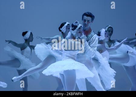 Die Balletttänzer werden während der Aufführung des „Schwanensee“ von Tschaikowsky von der Compagnie „Real Ballet of Russia“ in Bogota, Kolumbien, am 29. Januar 2020 gesehen. Auf der Bühne treffen sich 30 Tänzer, die alle an der Vaganova-Schule in St. Petersburg, einer der wichtigsten der Welt, ihren Abschluss gemacht haben. (Foto von Vanessa Gonzalez/NurPhoto) Stockfoto