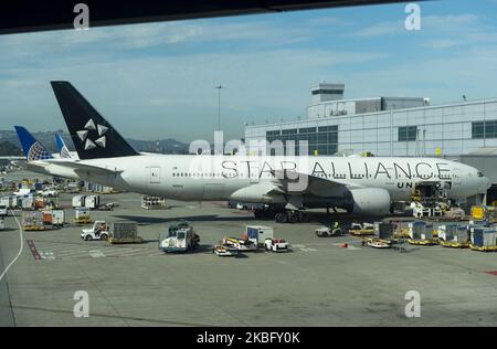 Am 31. Januar 2020 werden Flugzeuge von United Airlines am internationalen Terminal des San Francisco International Airport in Millbrae, Kalifornien, USA, geparkt. United hat angepriesen, alle Flüge nach China ab Februar 6. einzustellen, nachdem das Außenministerium die Reiseberatungsebene angehoben hatte. Santa Clara County in der San Francisco Bay Area hat seinen ersten bestätigten Coronavirus-Fall gemeldet. Präsident Donald Trump hat einen Befehl unterzeichnet, der die Einreise von ausländischen Staatsbürgern, die nicht in die unmittelbare Familie eines US-Bürgers oder eines ständigen Aufenthaltsberechtigten sind und in China gereist sind, in die USA vorübergehend verbietet Stockfoto