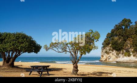 Der goldene Sand von Kaiteri Beach, Kaiteri, Tasman Region, Südinsel, Aotearoa / Neuseeland Stockfoto