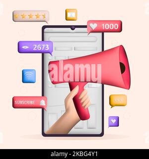 3D Überprüfung des SMM-Konzepts. Lautsprecher mit menschlicher Hand. Megaphon mit Social-Media-Symbolen. Social-Media-Marketing-Konzept Stock Vektor