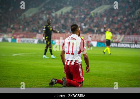 Athen, Lombardei, Griechenland. 3.. November 2022. YOUSSEF EL ARABI von Olympiacos FC während des UEFA Europa League-Gruppenspiel zwischen Olympiacos FC und FC Nantes am 3. November 2022 im Karaiskakis-Stadion in Athen, Griechenland. (Bild: © Stefanos Kyriazis/ZUMA Press Wire) Stockfoto