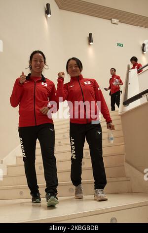 Shuko Aoyama und Ena Shibahara vor dem Fed Cup Qualifier 2020 zwischen Spanien und Japan am 06. Februar 2020 im Centro de Tenis La Manga Club in Cartagena, Spanien. (Foto von Jose Breton/Pics Action/NurPhoto) Stockfoto