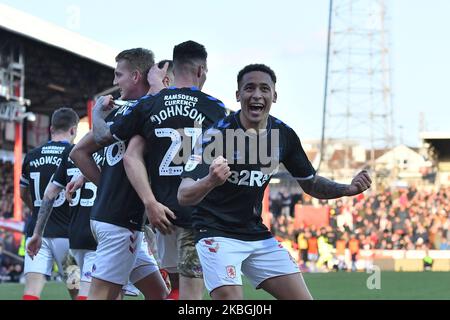 Marcus Tavernier von Middlesbrough feiert, nachdem er beim Sky Bet Championship-Spiel zwischen Brentford und Middlesbrough am 8. Februar 2020 im Griffin Park in Brentford, England, ein Tor erzielt hat. (Foto von MI News/NurPhoto) Stockfoto