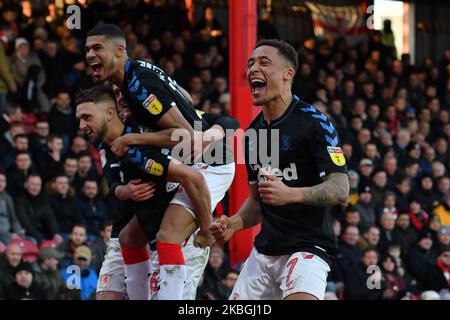 Marcus Tavernier von Middlesbrough feiert, nachdem er beim Sky Bet Championship-Spiel zwischen Brentford und Middlesbrough am 8. Februar 2020 im Griffin Park in Brentford, England, ein Tor erzielt hat. (Foto von MI News/NurPhoto) Stockfoto