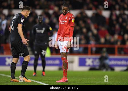 Adama Diakhaby (14) aus Nottingham Forest reagiert am Dienstag, den 11.. Februar 2020, nach einer verpassten Torchance während des Sky Bet Championship-Spiels zwischen Nottingham Forest und Charlton Athletic auf dem City Ground in Nottingham. (Foto von Jon Hobley/MI News/NurPhoto) Stockfoto