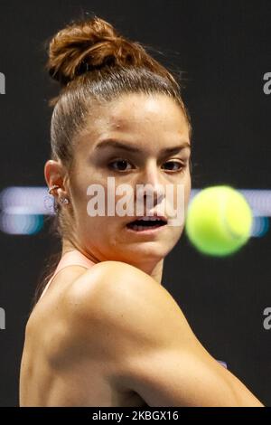 Maria Sakkari aus Griechenland in Aktion während ihres WTA St. Petersburg Ladies Trophy 2020 Tennisturniers Runde von 16 Spiel gegen Alize Cornet aus Frankreich am 13. Februar 2020 in Sankt Petersburg, Russland. (Foto von Mike Kireev/NurPhoto) Stockfoto