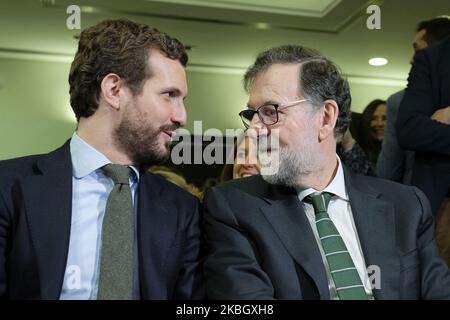 Mariano Rajoy und Pablo Casado nehmen am 13. Februar 2020 an der Präsentation von „Ellas“ im Circulo de Bellas Artes in Madrid, Spanien, Teil. (Foto von Oscar Gonzalez/NurPhoto) Stockfoto