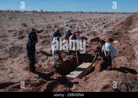 Stadtarbeiter von Ciudad Juarez senken die Schatulle einer von 47 nicht identifizierten Leichen während einer staatlichen Beerdigung in Ciudad Juarez, Mexiko, am 14. Februar 2020. Sachverständige Zeugen exhumiert 47 nicht identifizierte Personen, 19 wurden getötet, 46 Männer, 25 starben an natürlichen Ursachen, 1 Selbstmord, 2 die Todesursache wurde nicht identifiziert. (Foto von David Peinado/NurPhoto) Stockfoto